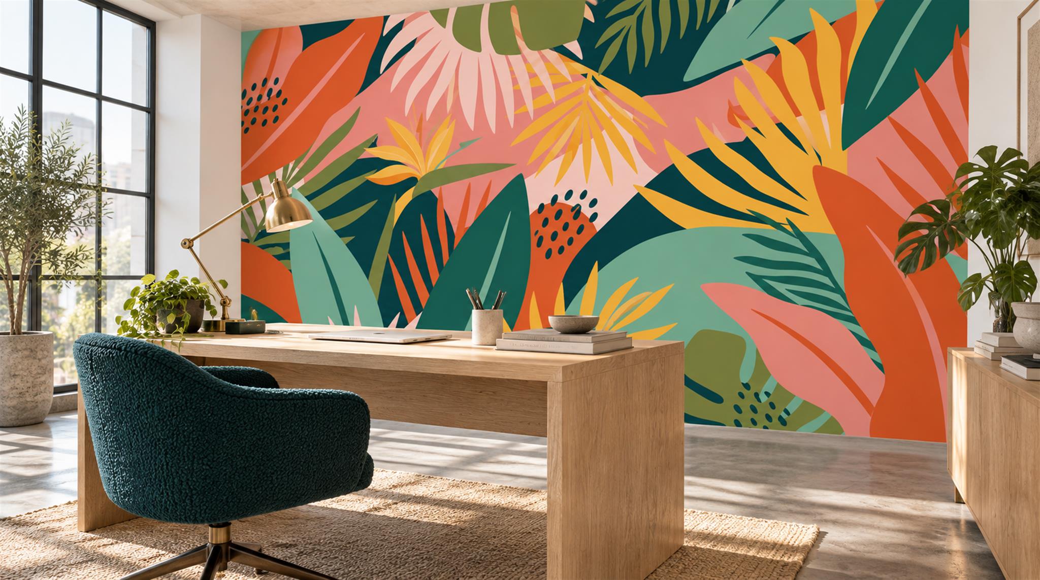 Neutral Tropical Foliage Wallpaper Mural Scene