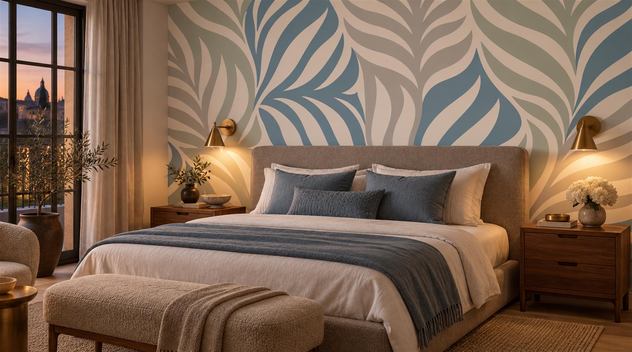 Blue Leaf Patterning Wallpaper Mural Scene