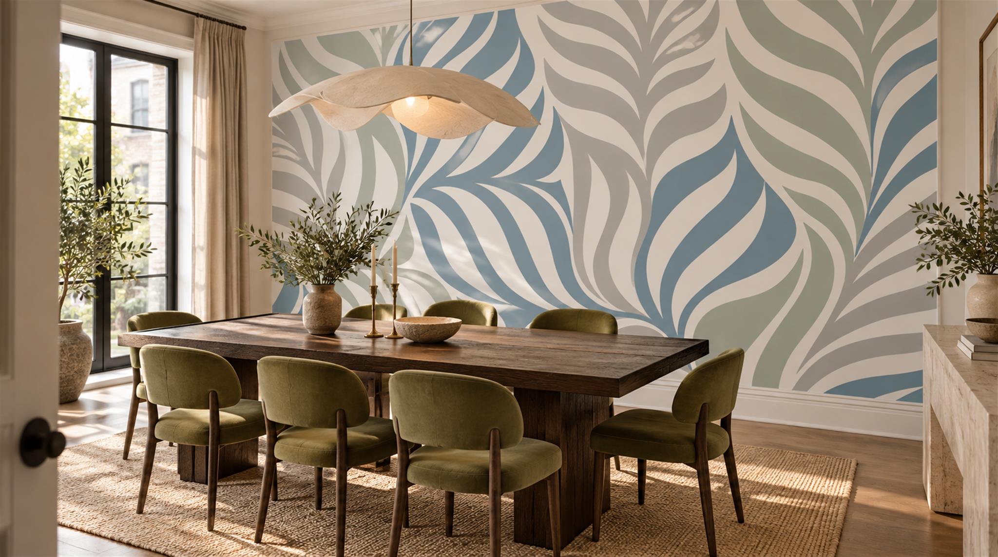 Blue Leaf Patterning Wallpaper Mural Scene
