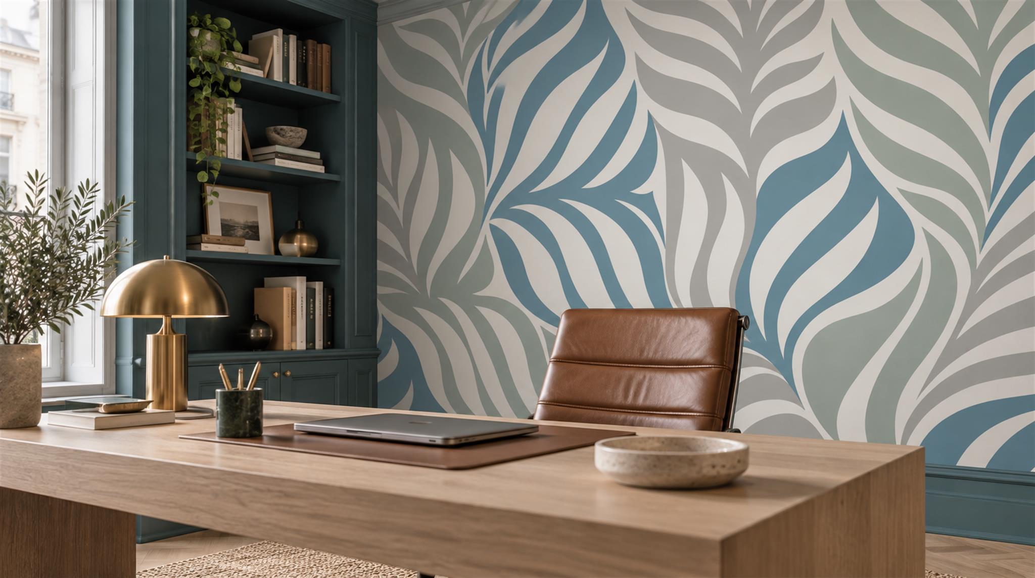 Blue Leaf Patterning Wallpaper Mural Scene