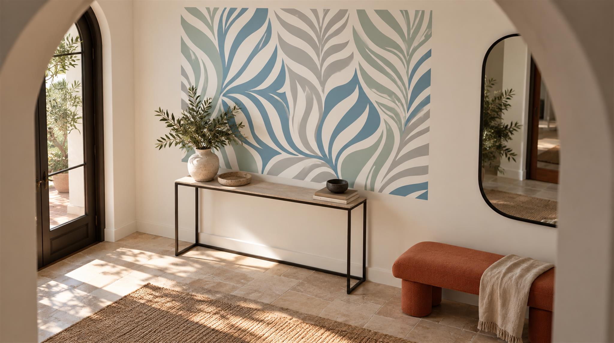 Blue Leaf Patterning Wallpaper Mural Scene