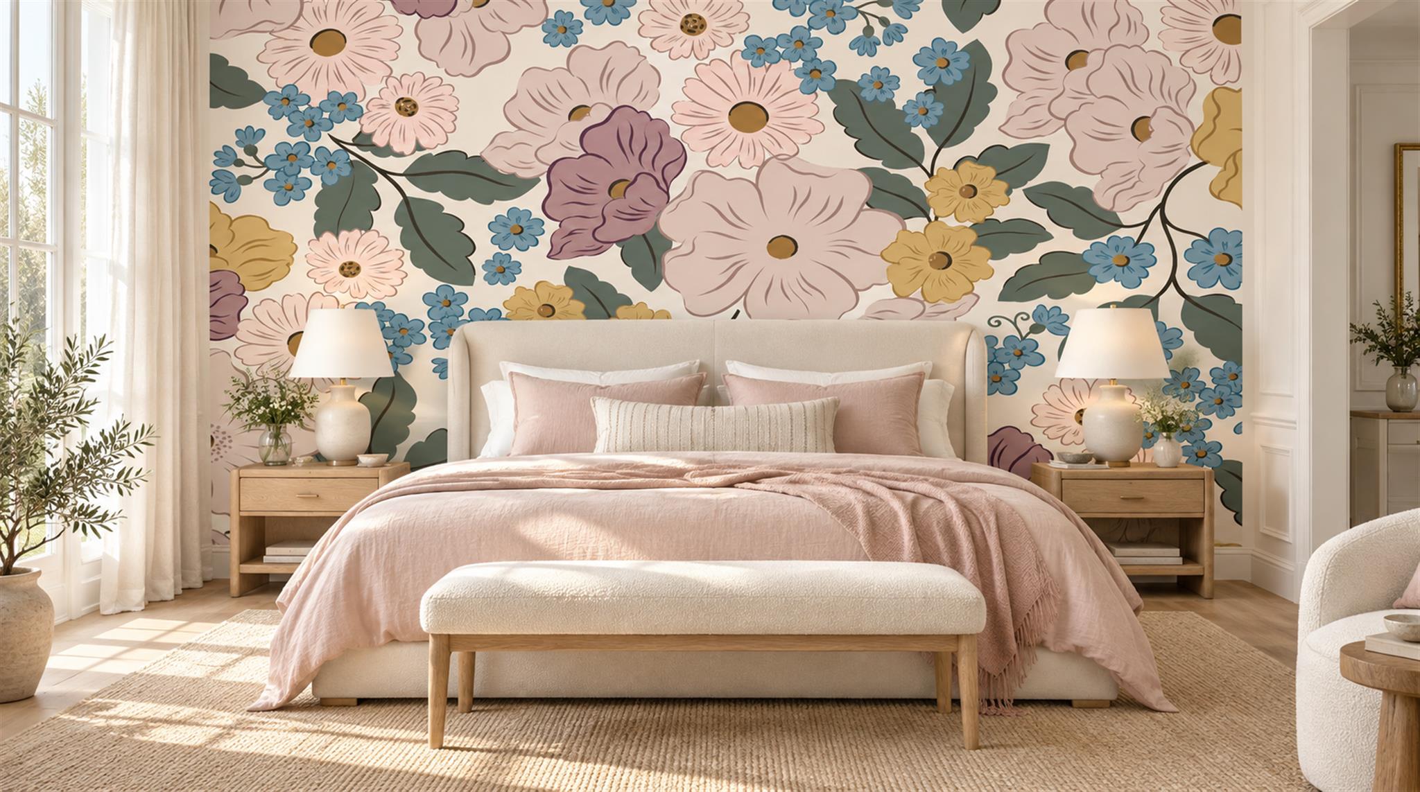 Soft Pastel Floral Foliage Wallpaper Mural Main
