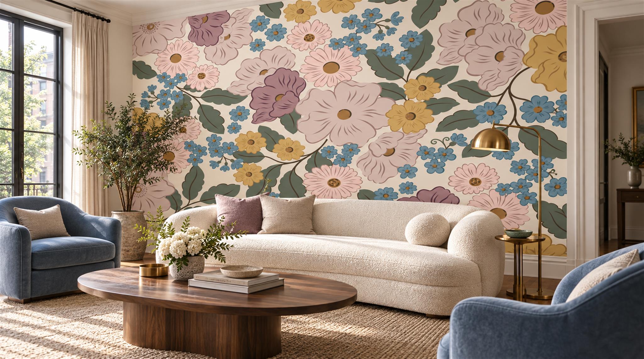 Soft Pastel Floral Foliage Wallpaper Mural Scene