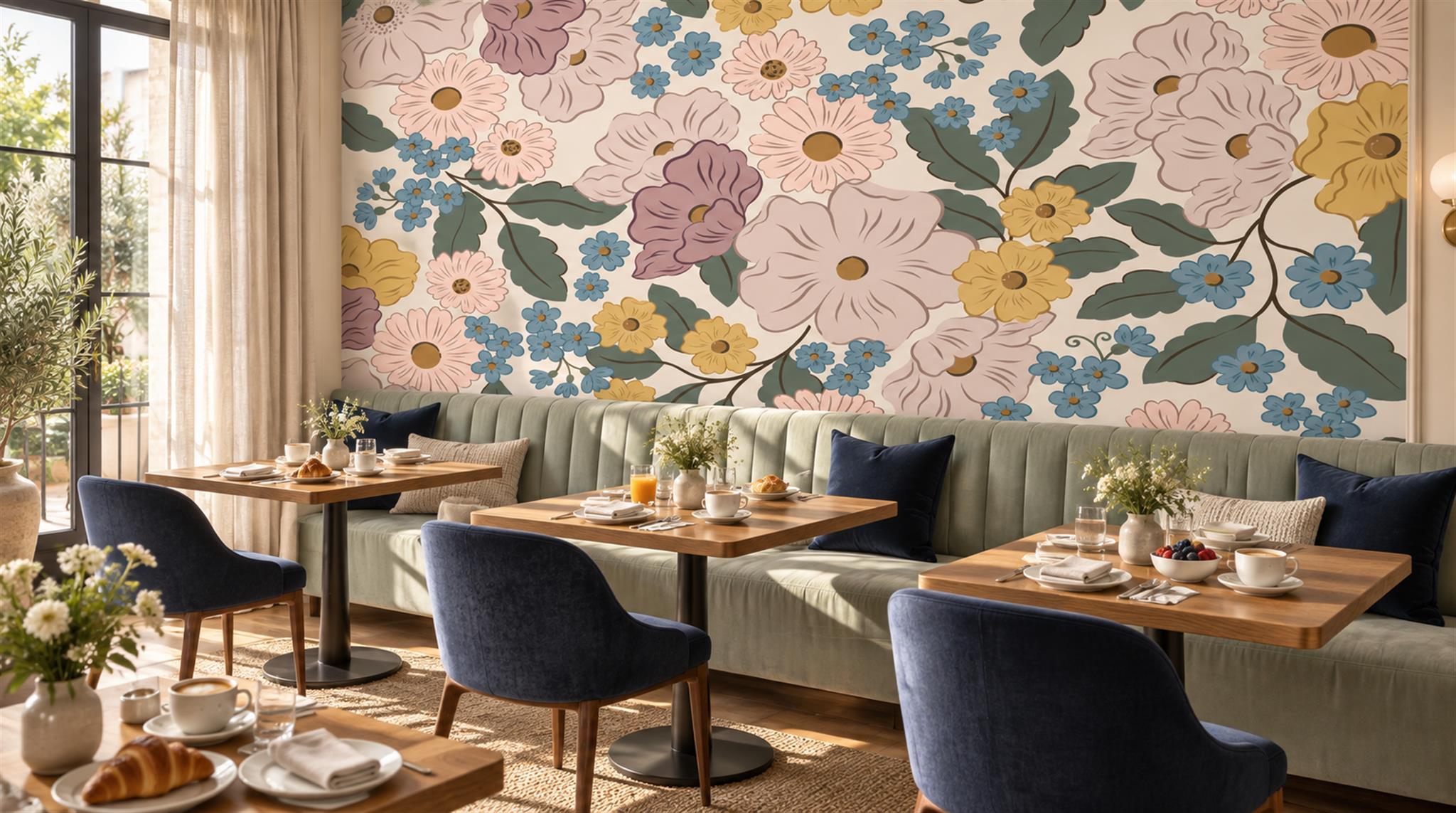 Soft Pastel Floral Foliage Wallpaper Mural Scene