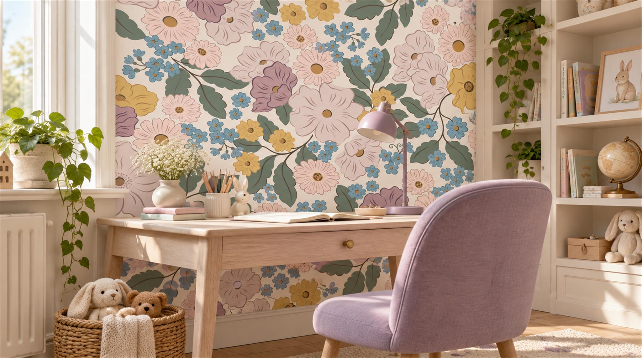 Soft Pastel Floral Foliage Wallpaper Mural Scene