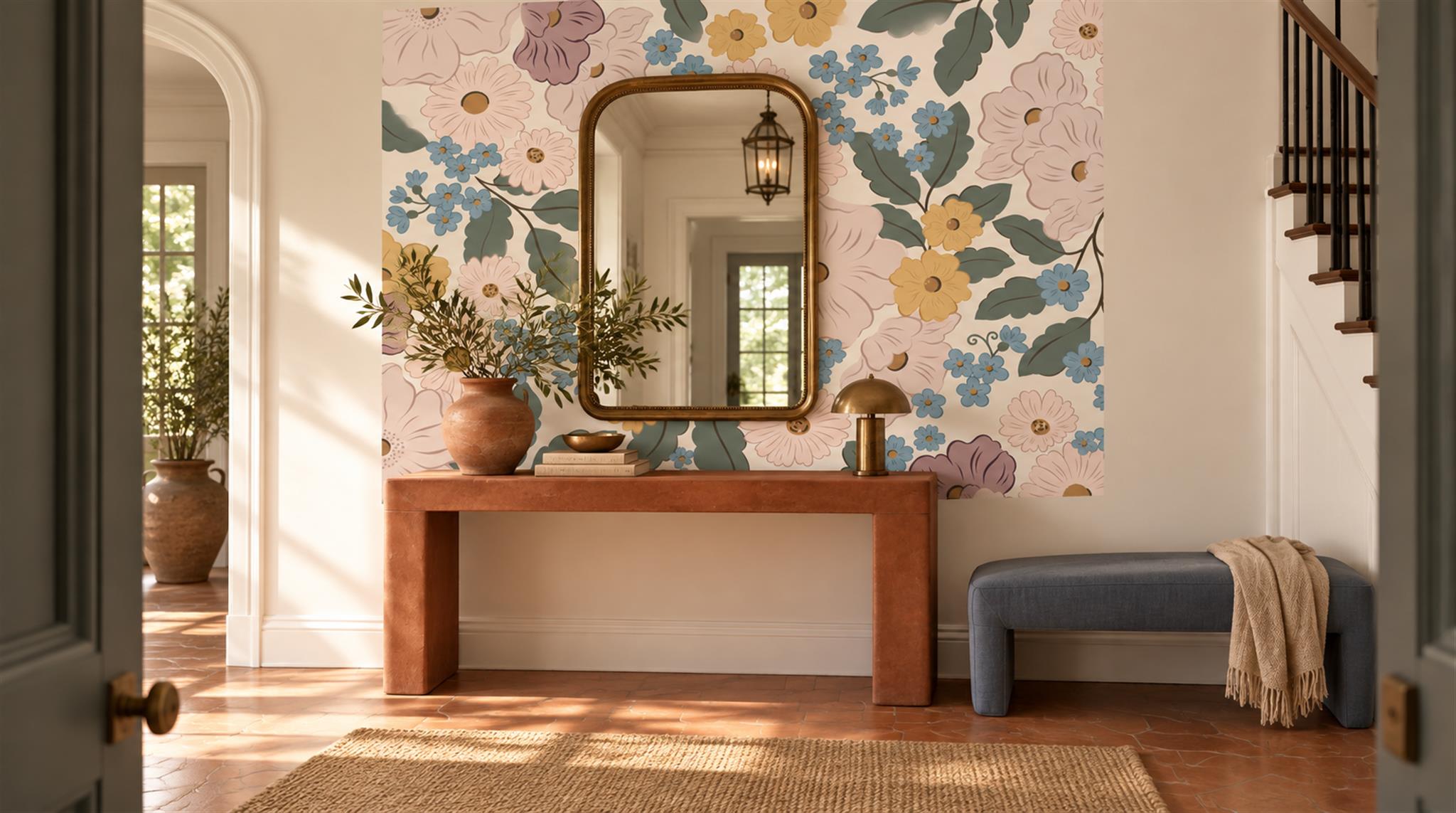 Soft Pastel Floral Foliage Wallpaper Mural Scene