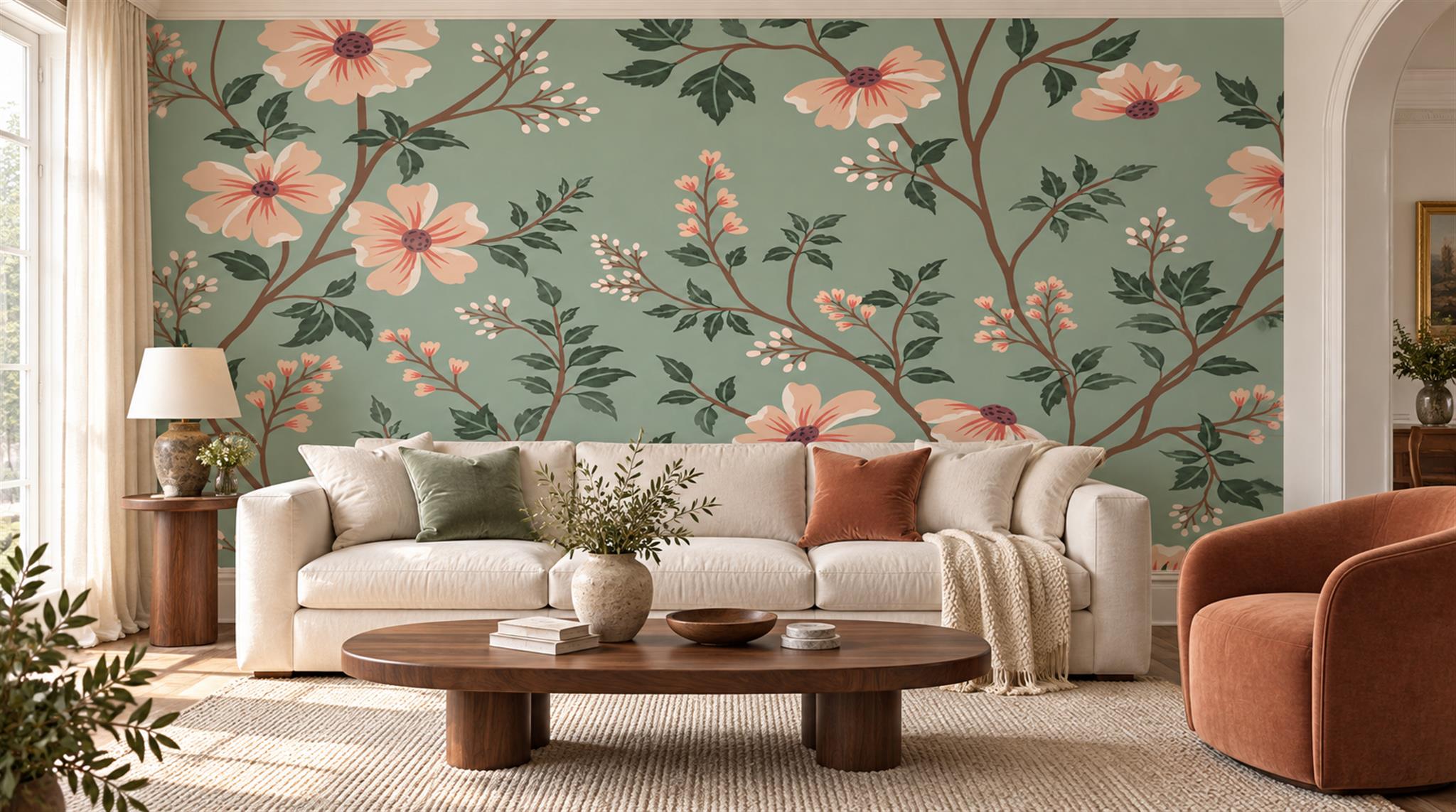 Sage Green Floral Foliage Wallpaper Mural