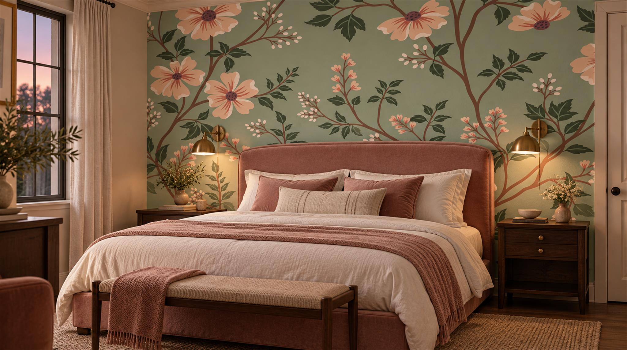 Sage Green Floral Foliage Wallpaper Mural Scene