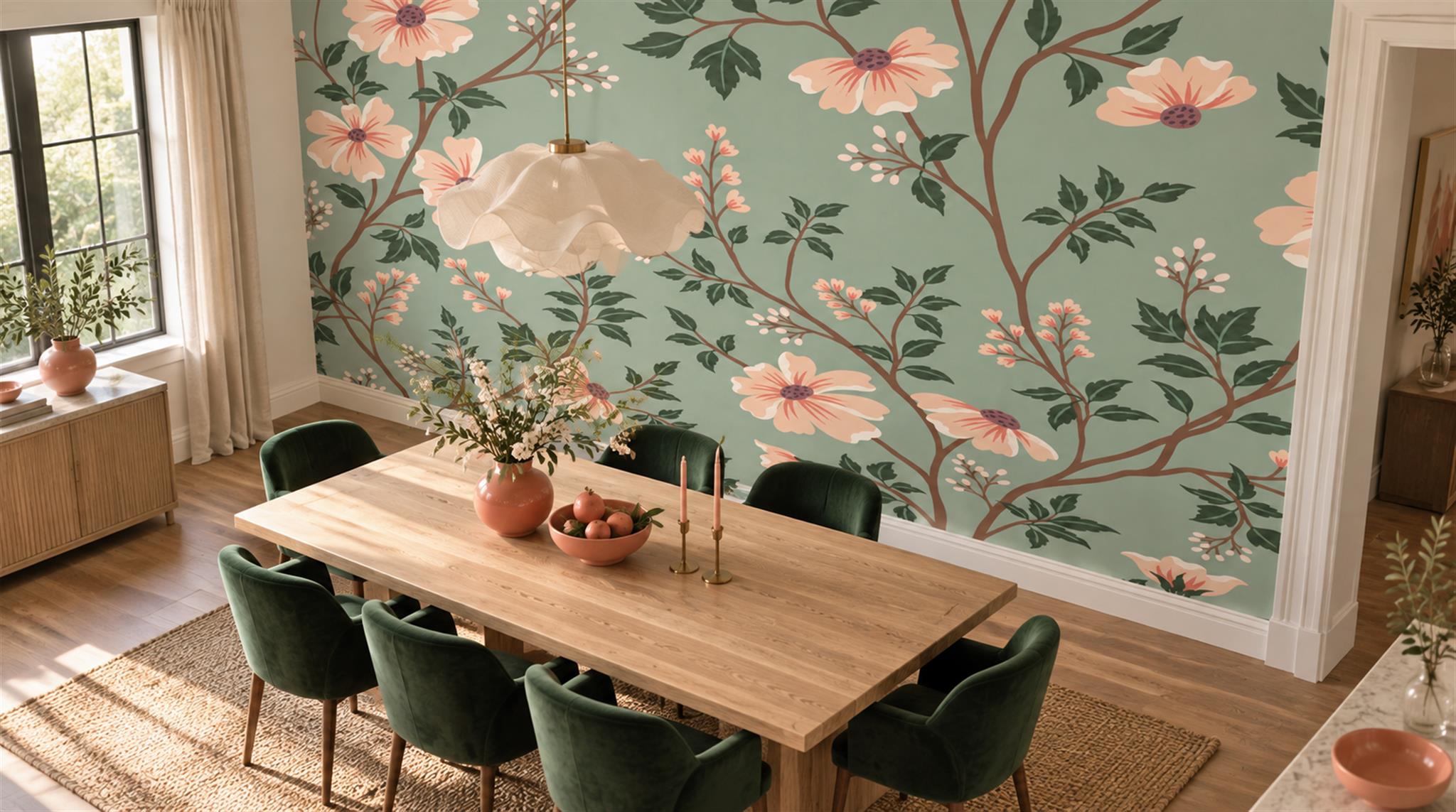 Sage Green Floral Foliage Wallpaper Mural Scene