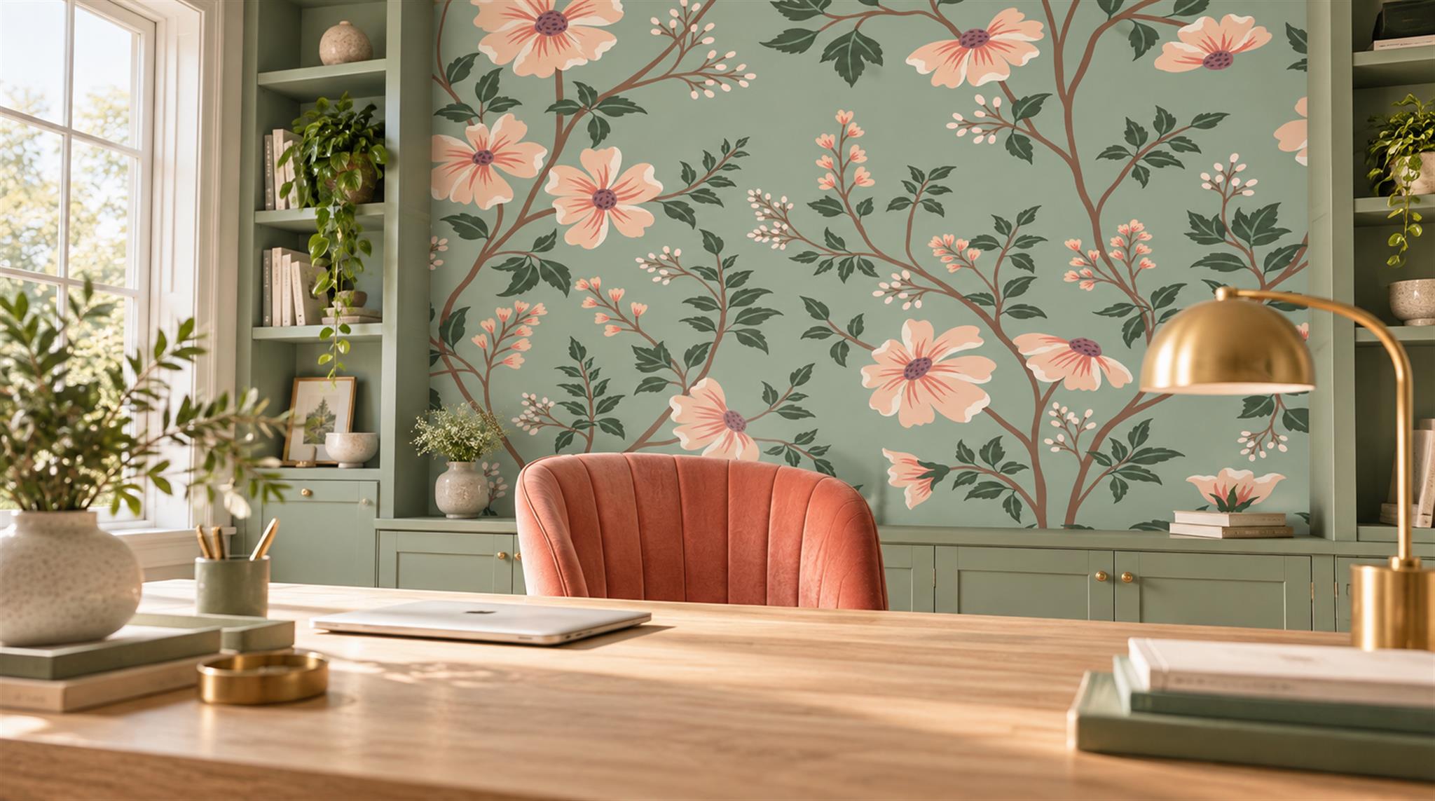 Sage Green Floral Foliage Wallpaper Mural Scene