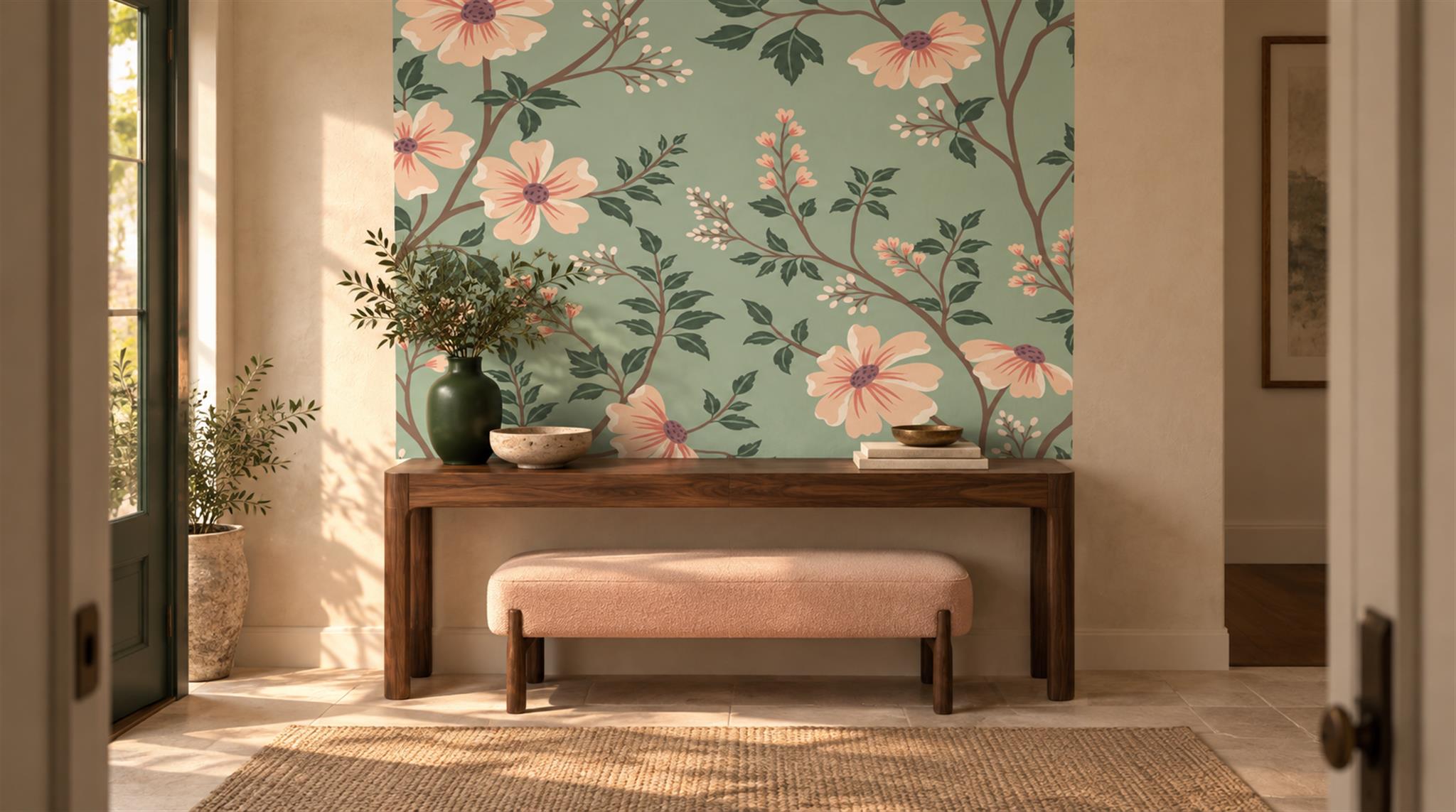 Sage Green Floral Foliage Wallpaper Mural Scene