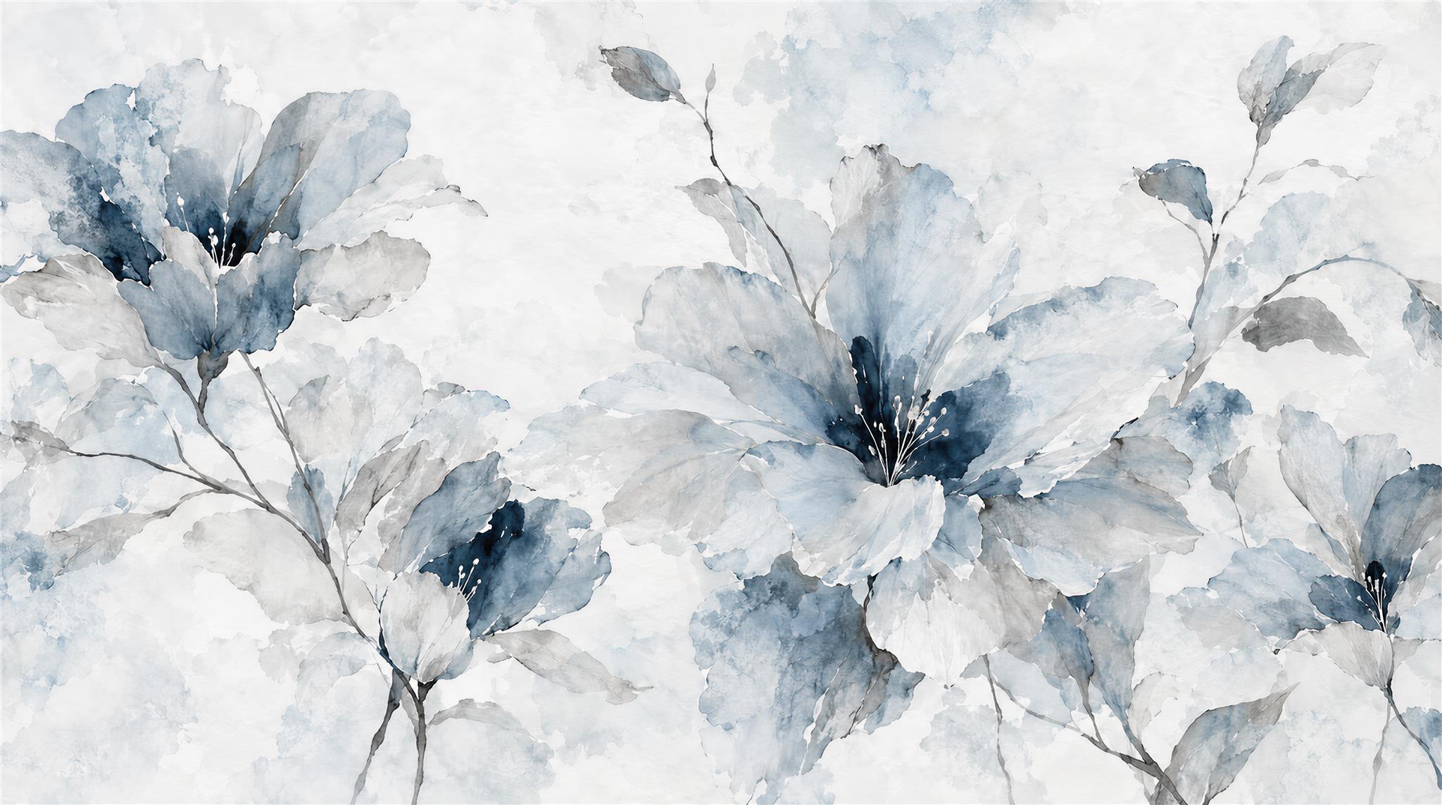 Blue Floral Foliage Wallpaper Mural Main