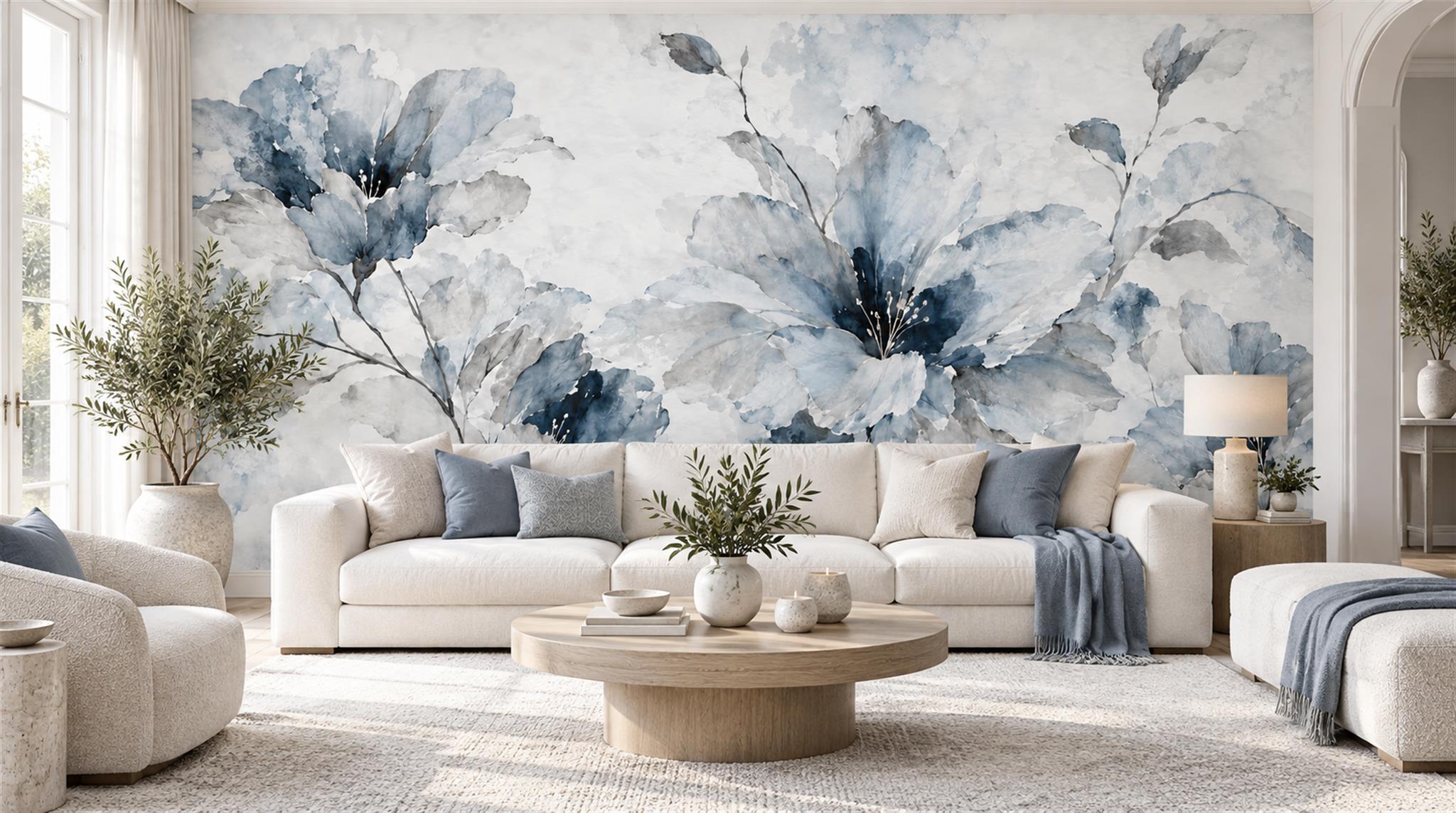 Blue Floral Foliage Wallpaper Mural Main