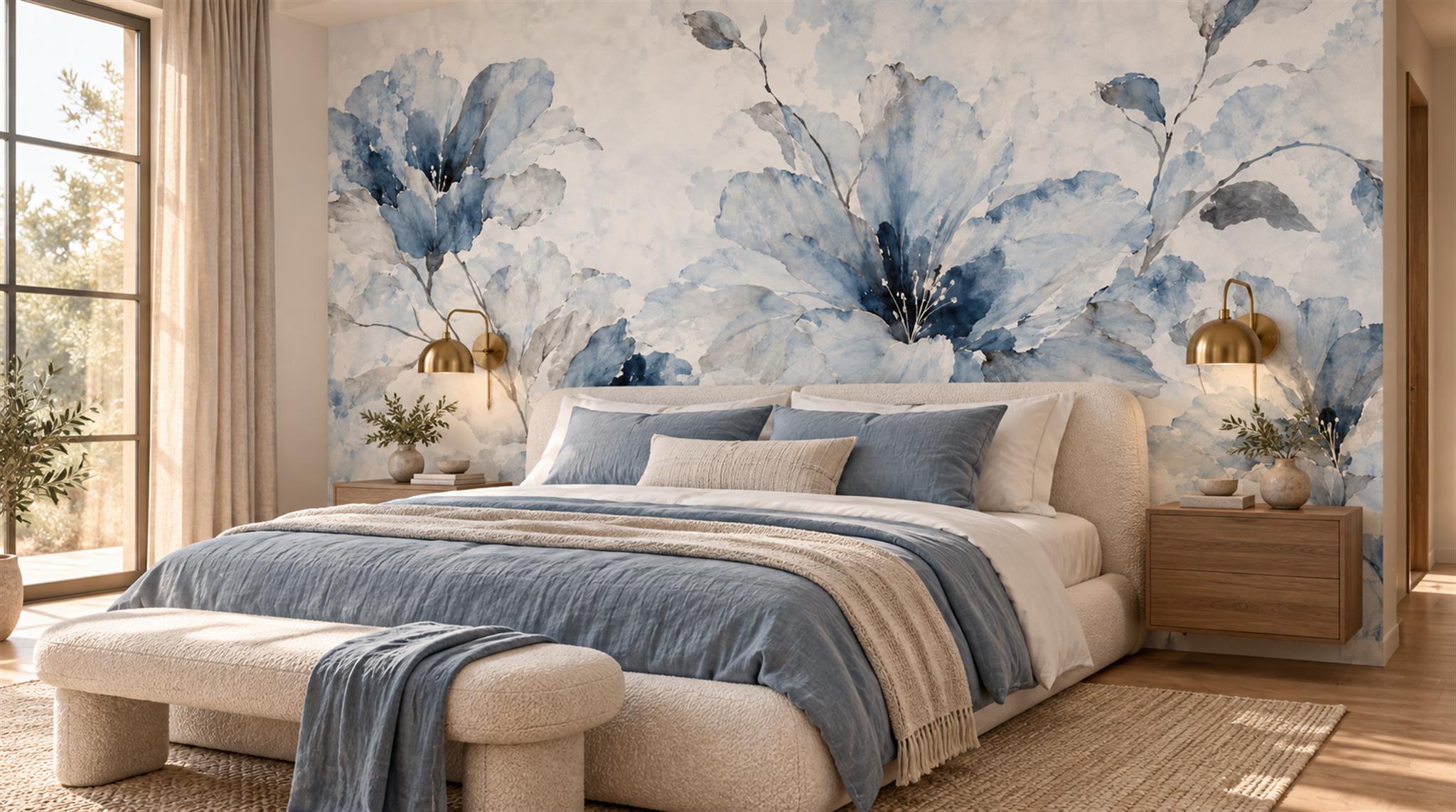 Blue Floral Foliage Wallpaper Mural Scene
