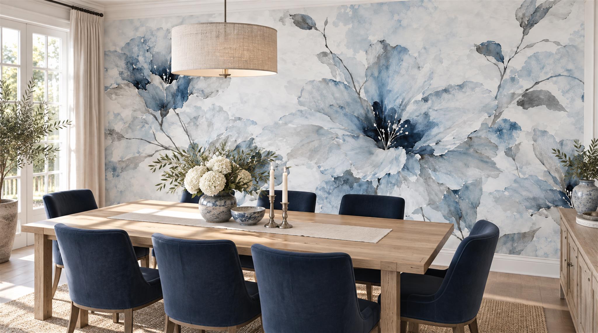 Blue Floral Foliage Wallpaper Mural Scene