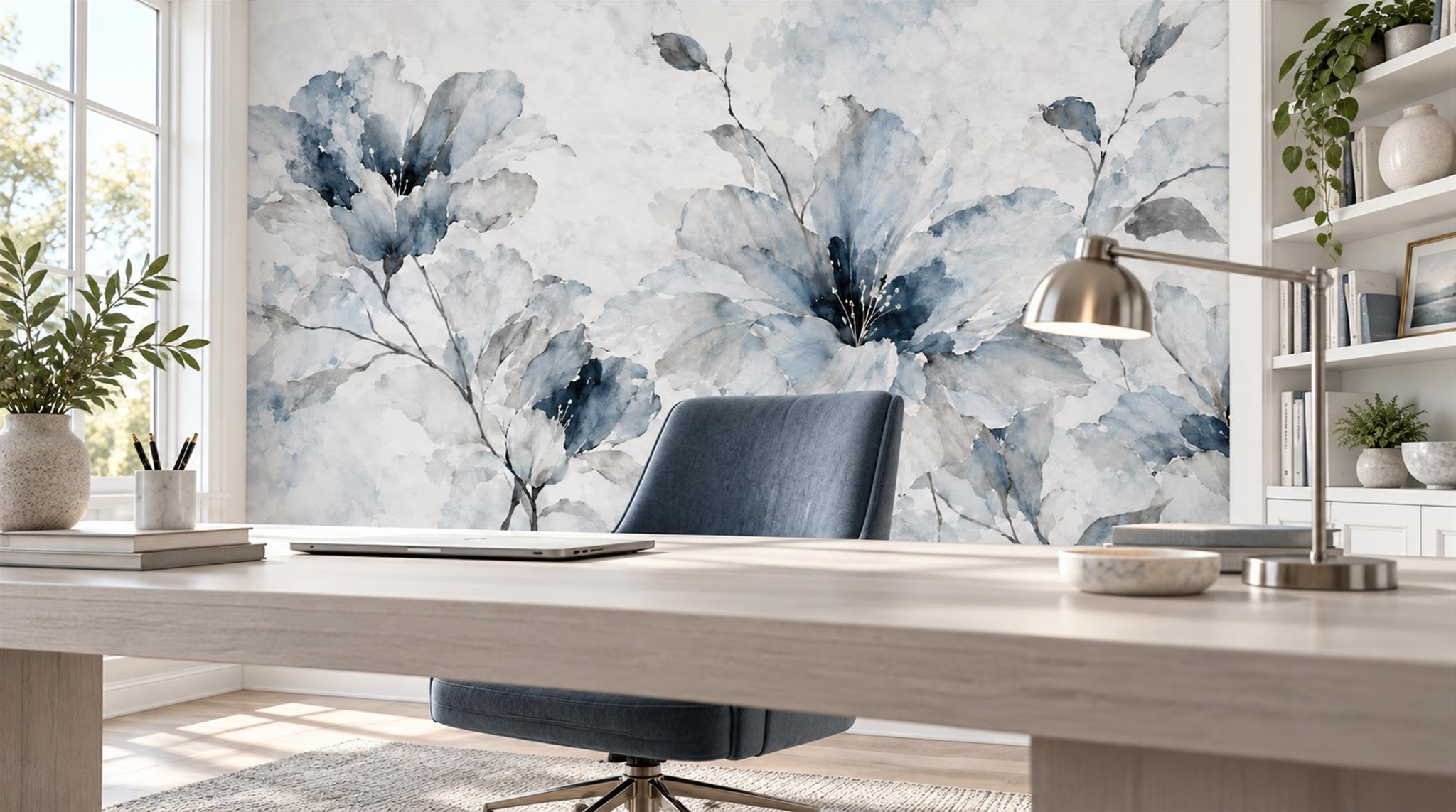 Blue Floral Foliage Wallpaper Mural Scene