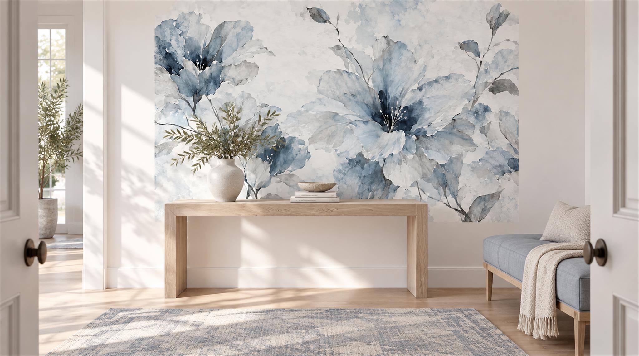 Blue Floral Foliage Wallpaper Mural Scene