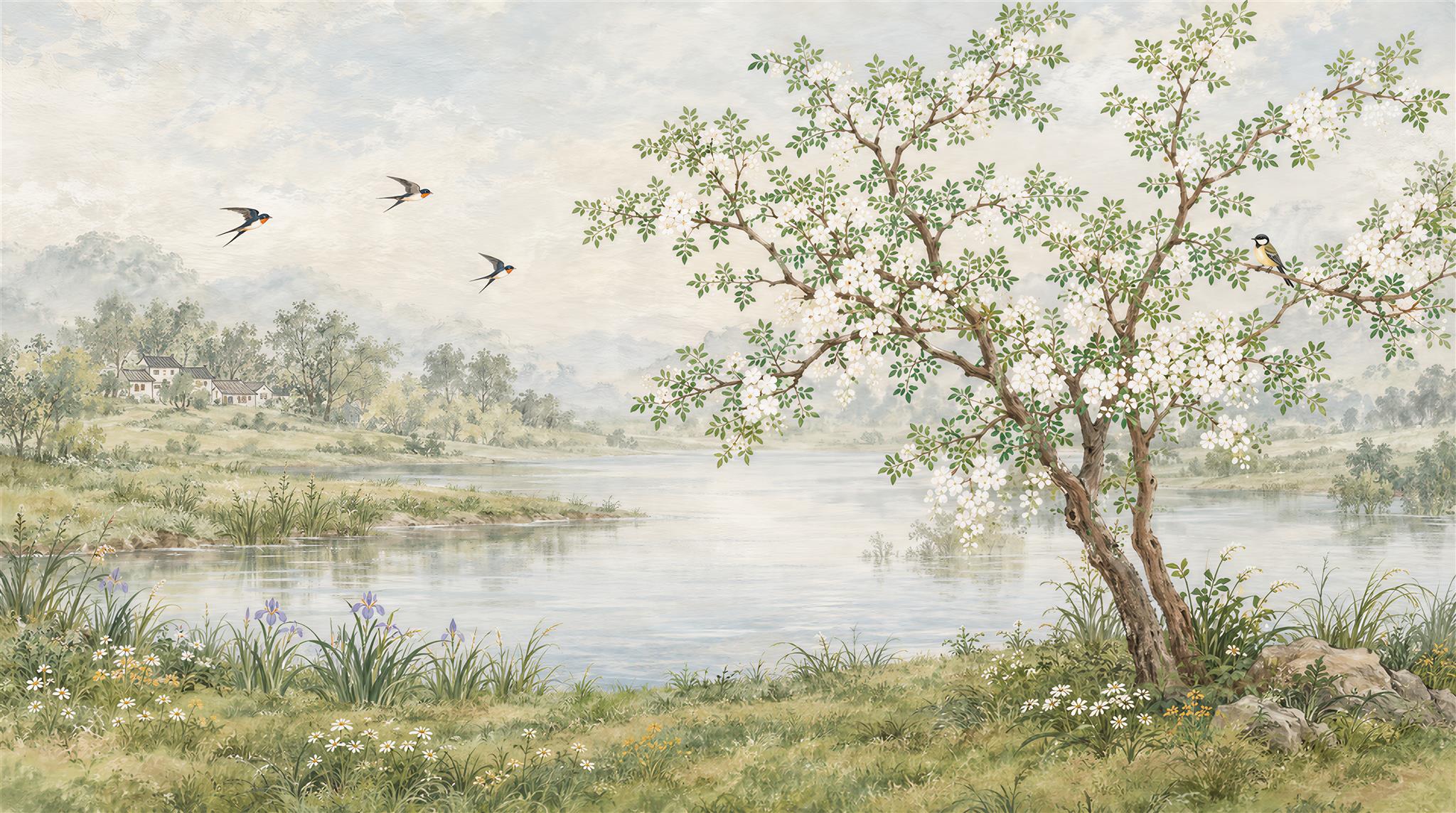 Sage Green Lakeside Landscape Wallpaper Mural Main