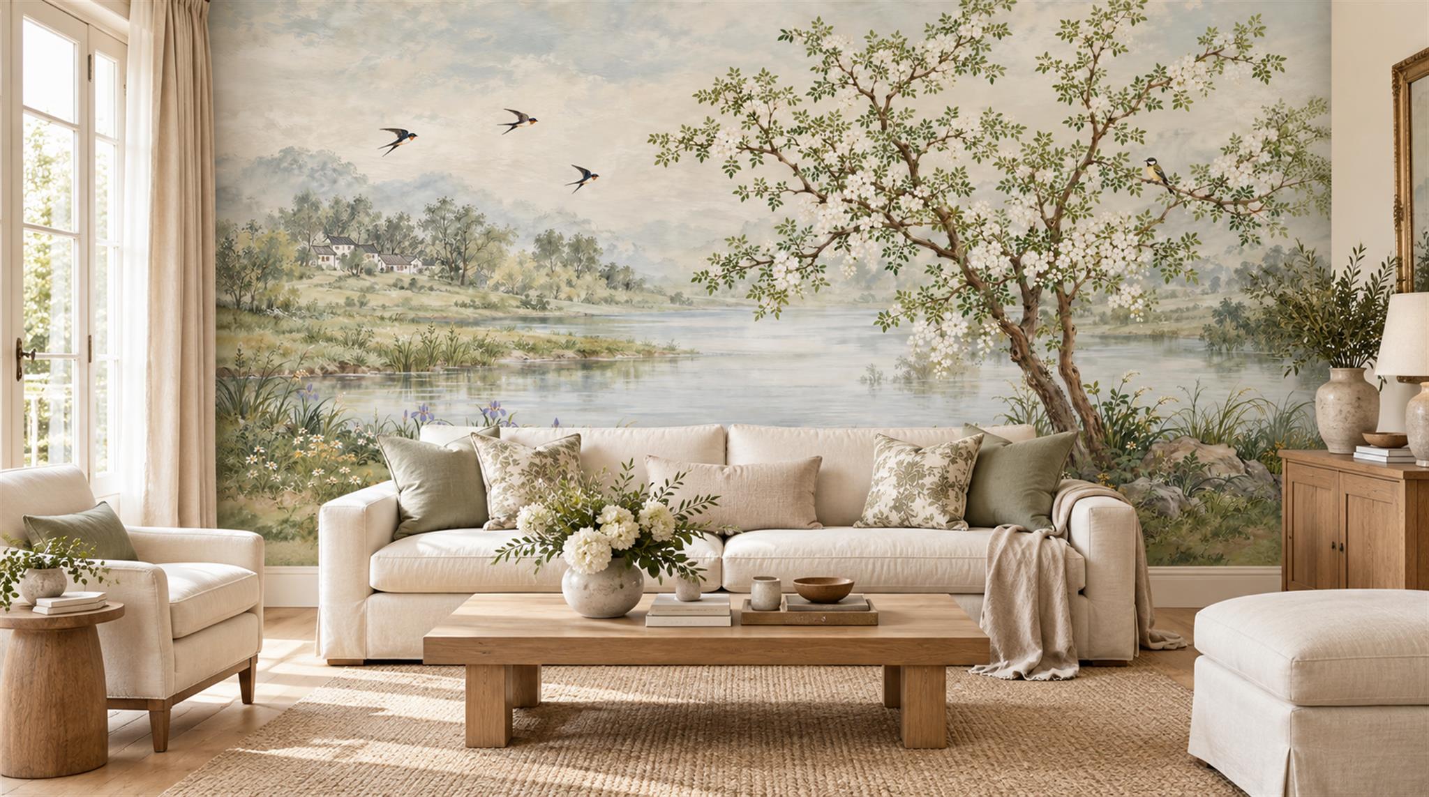 Sage Green Lakeside Landscape Wallpaper Mural Main
