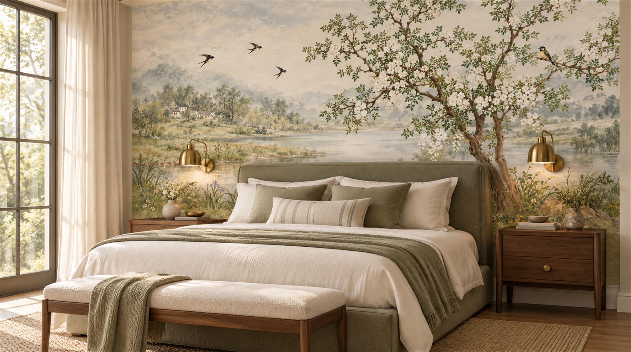 Sage Green Lakeside Landscape Wallpaper Mural Scene