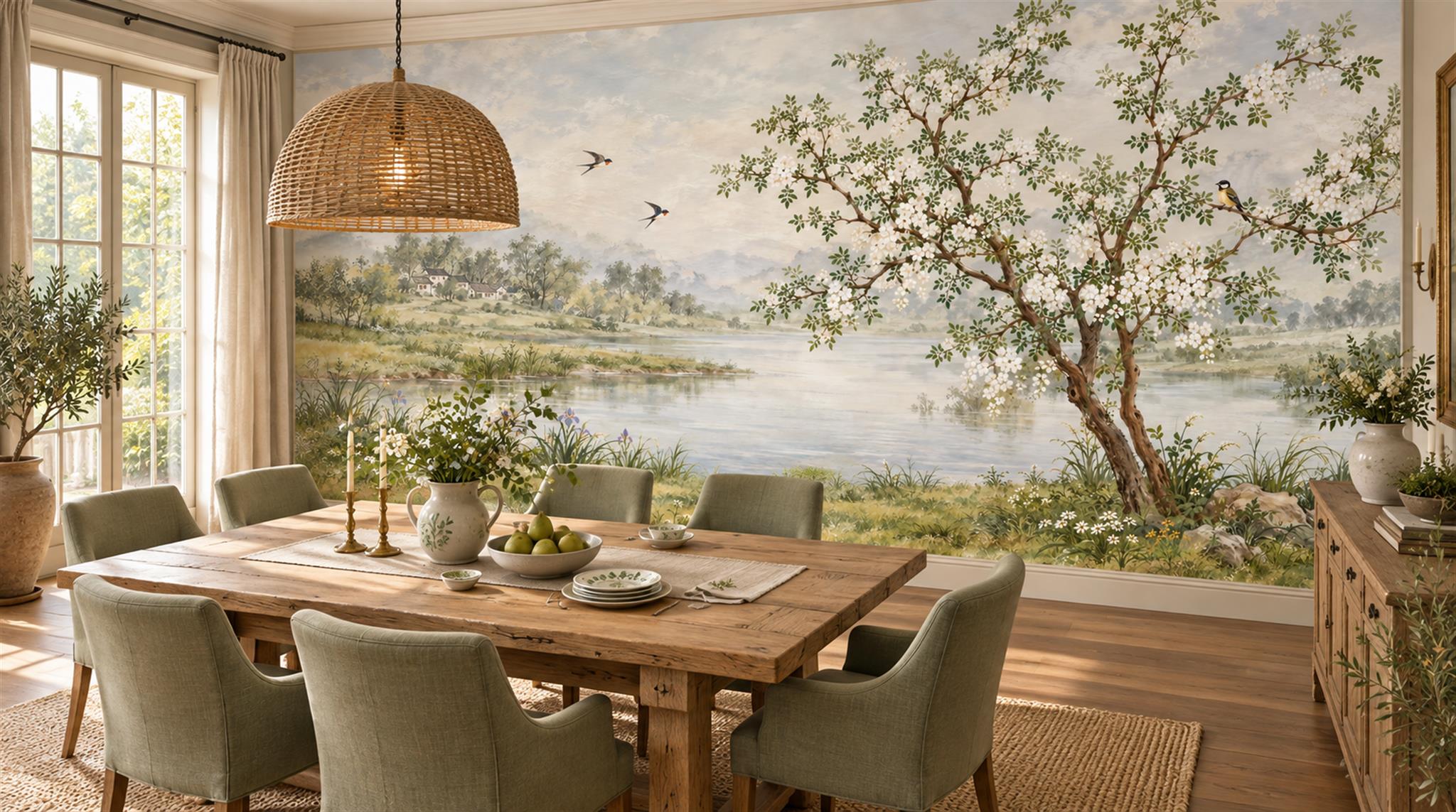 Sage Green Lakeside Landscape Wallpaper Mural Scene