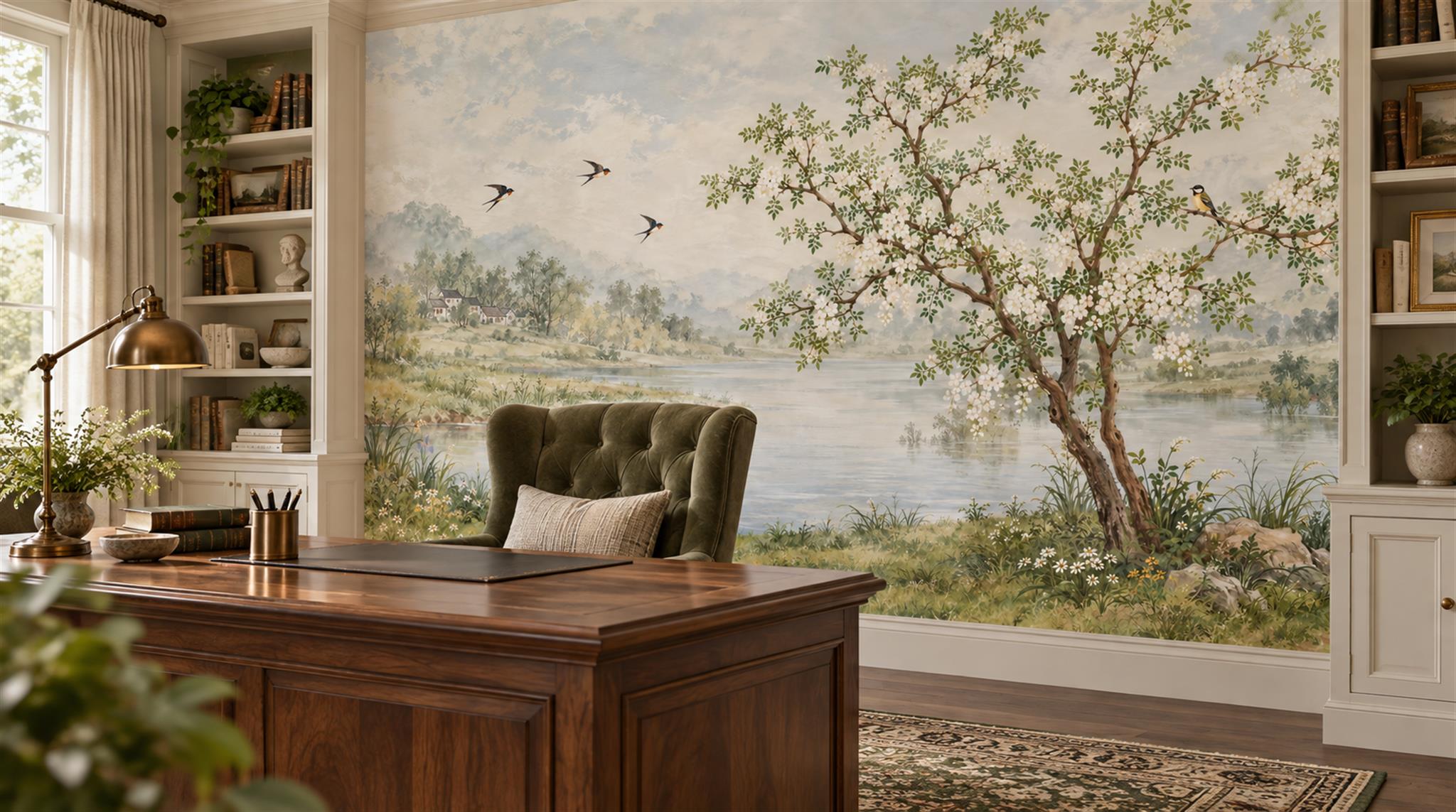 Sage Green Lakeside Landscape Wallpaper Mural Scene
