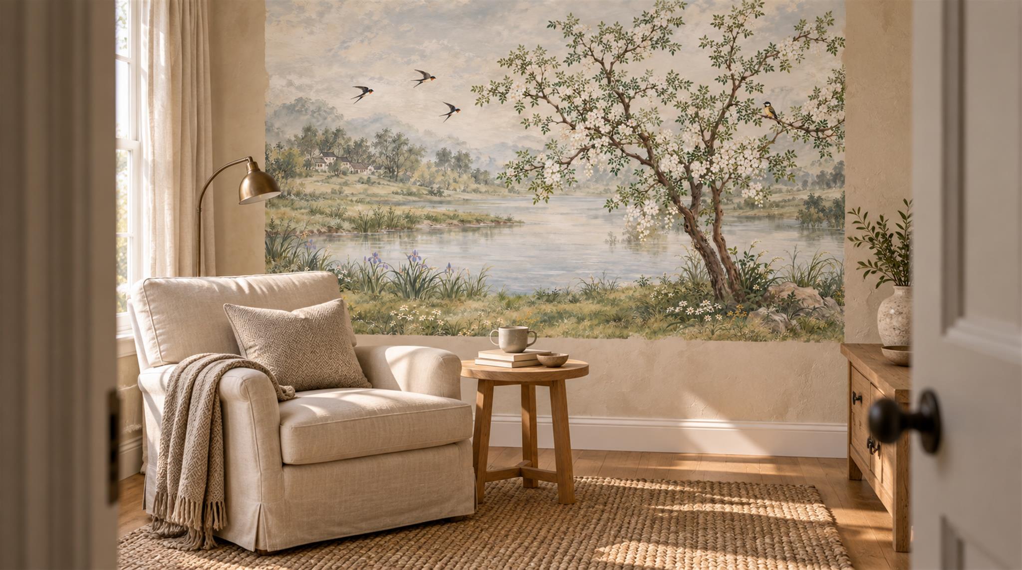 Sage Green Lakeside Landscape Wallpaper Mural Scene