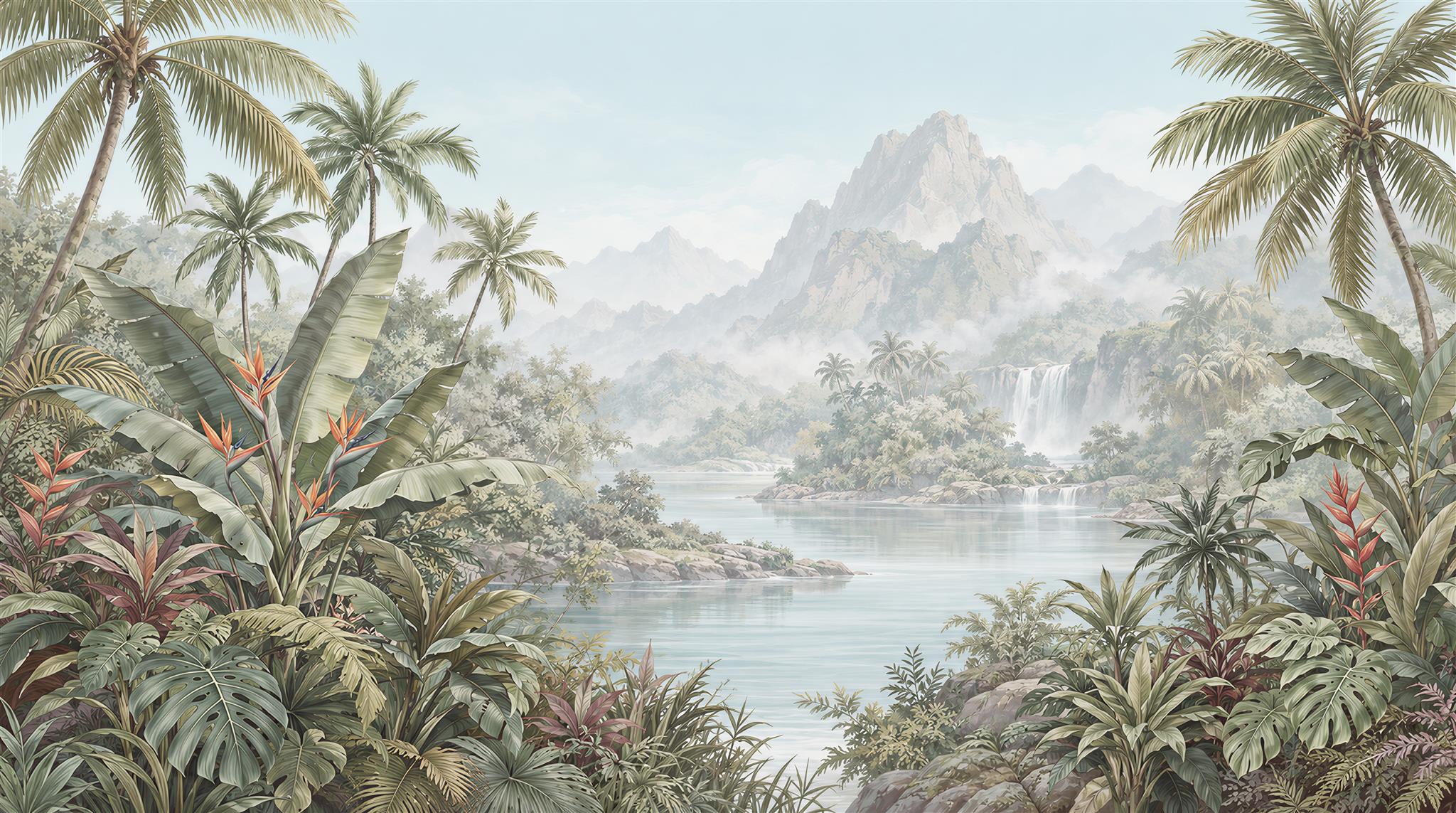 Sage Green Tropical Foliage Wallpaper Mural Main