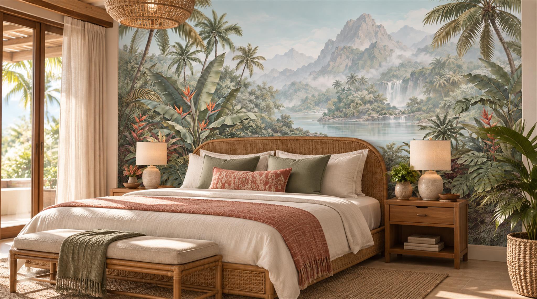 Sage Green Tropical Foliage Wallpaper Mural Scene