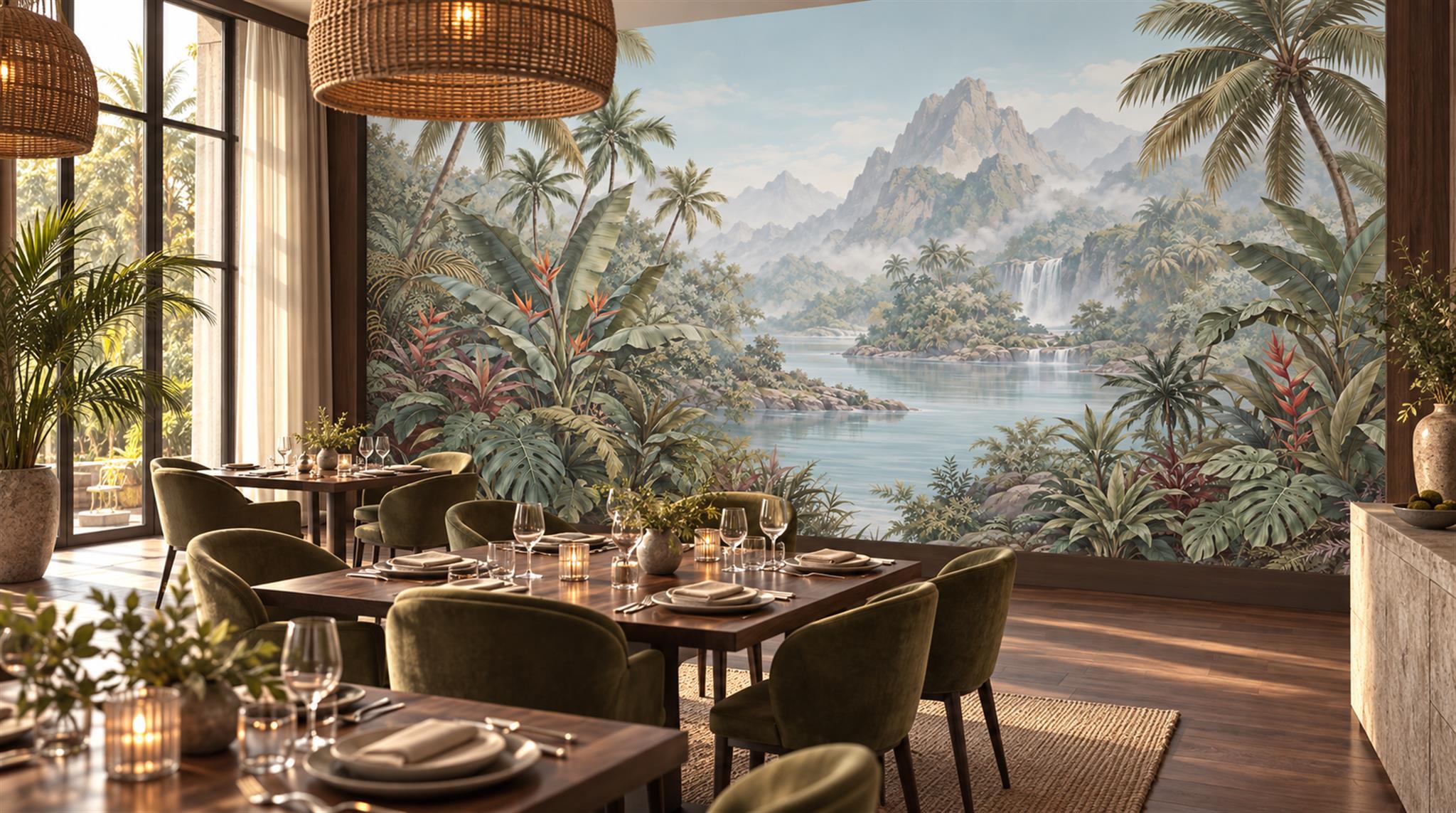 Sage Green Tropical Foliage Wallpaper Mural Scene