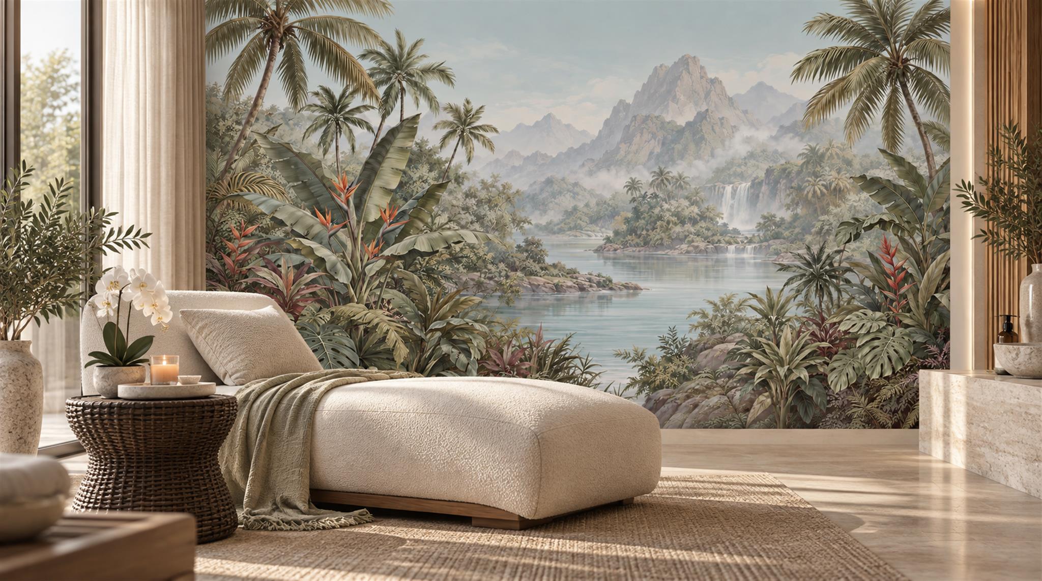 Sage Green Tropical Foliage Wallpaper Mural Scene