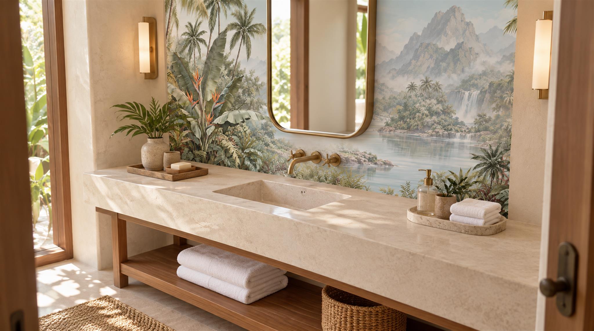 Sage Green Tropical Foliage Wallpaper Mural Scene