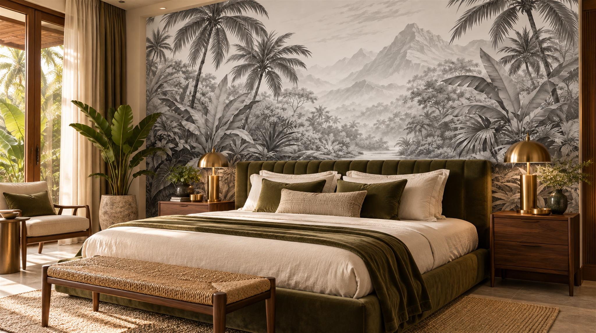 Grey Tropical Foliage Wallpaper Mural Scene