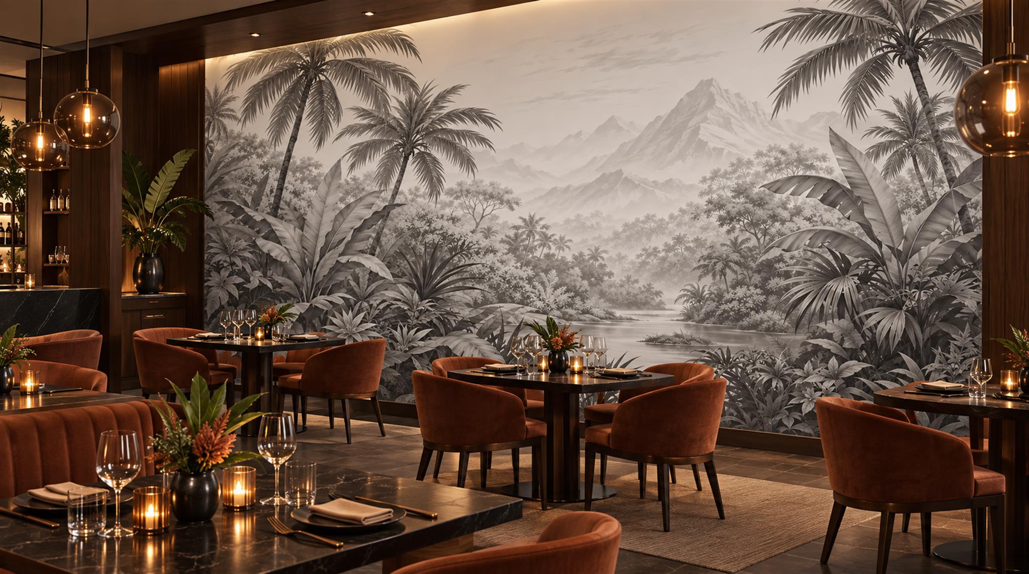Grey Tropical Foliage Wallpaper Mural Scene