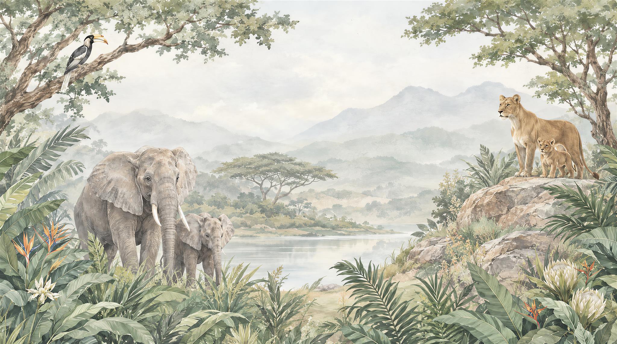 Sage Green Safari Animals Wallpaper Mural Main