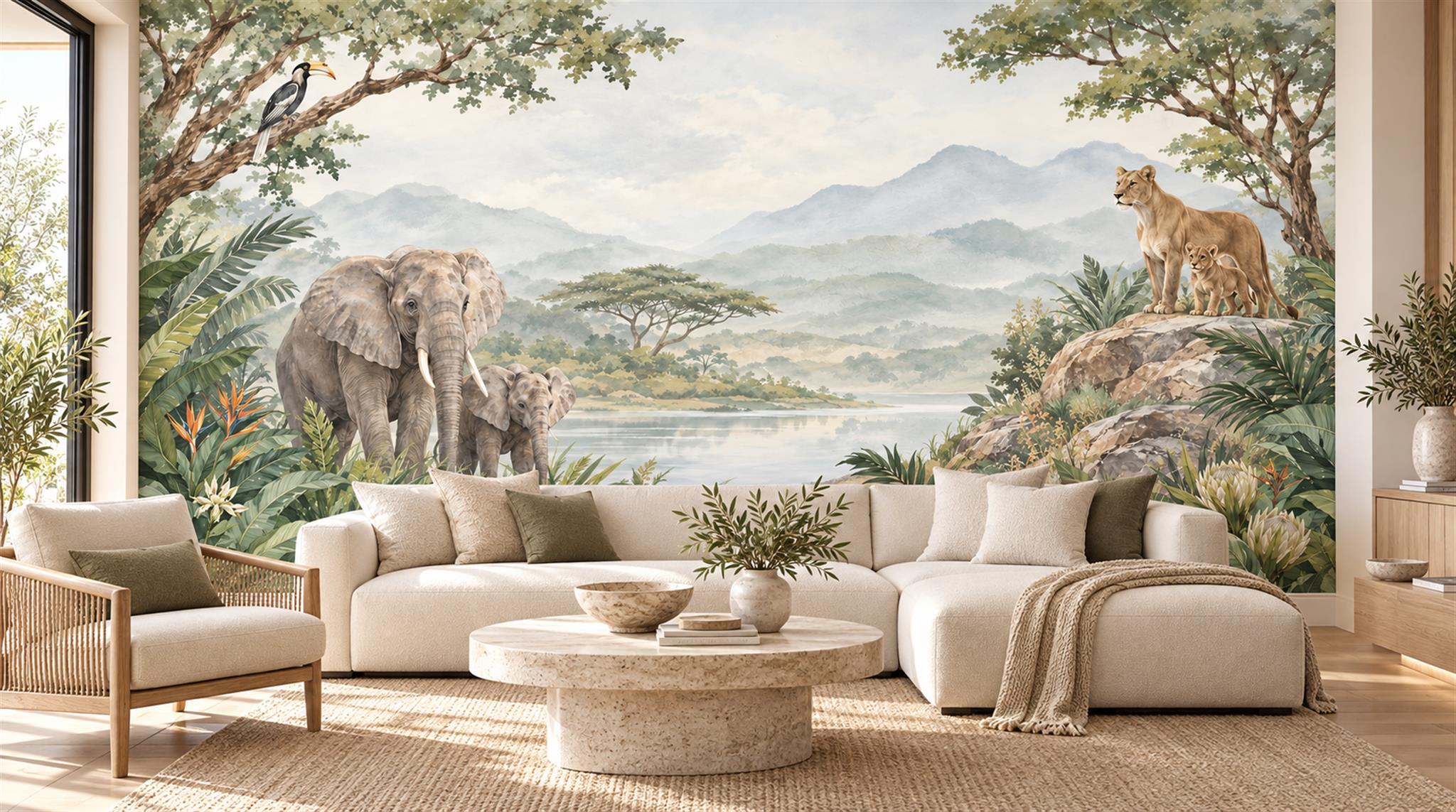 Sage Green Safari Animals Wallpaper Mural Main