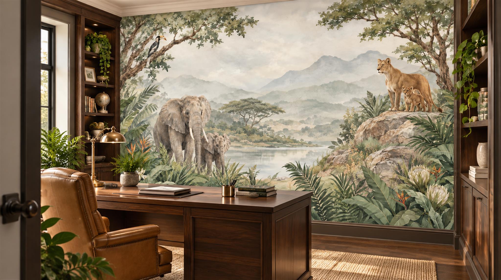 Sage Green Safari Animals Wallpaper Mural Scene
