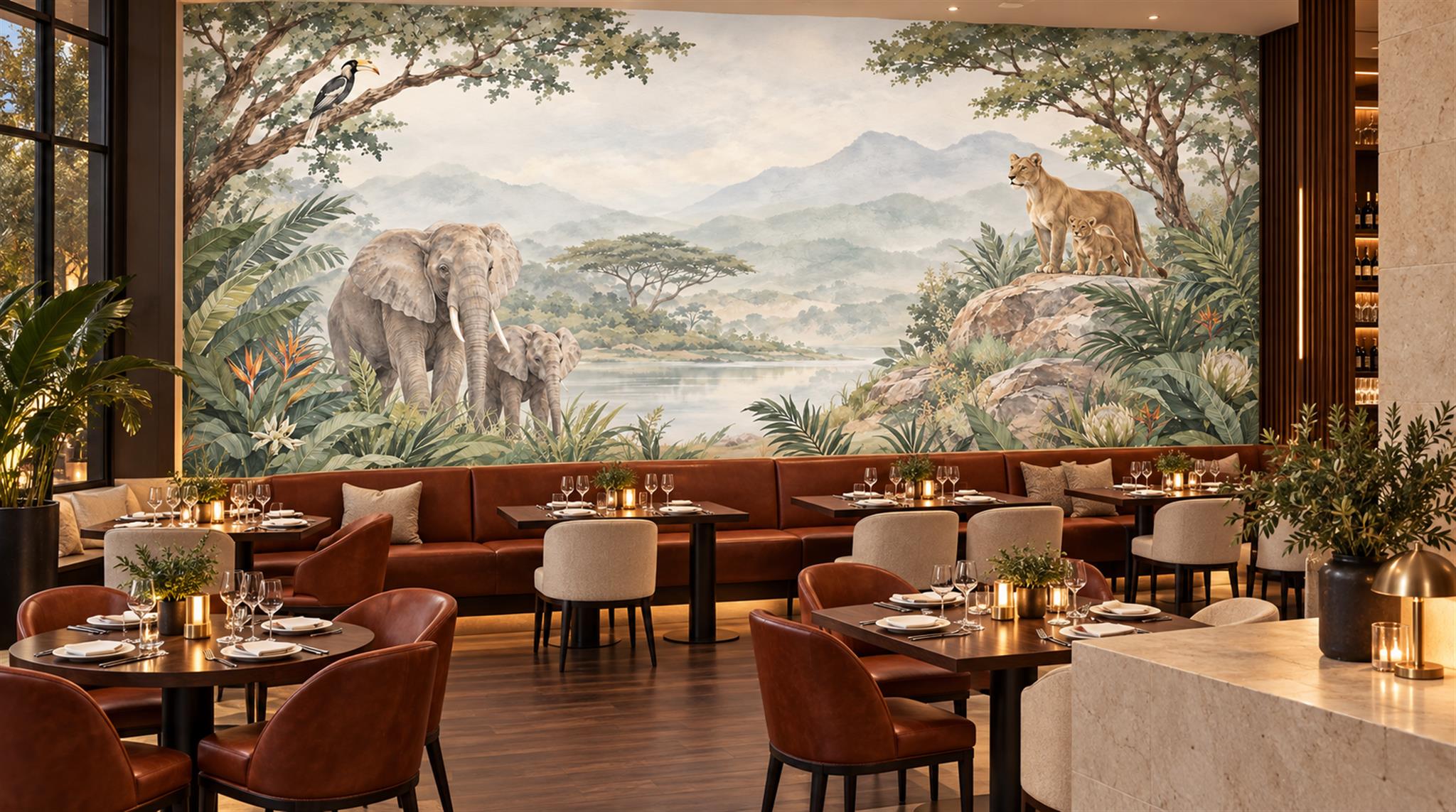 Sage Green Safari Animals Wallpaper Mural Scene