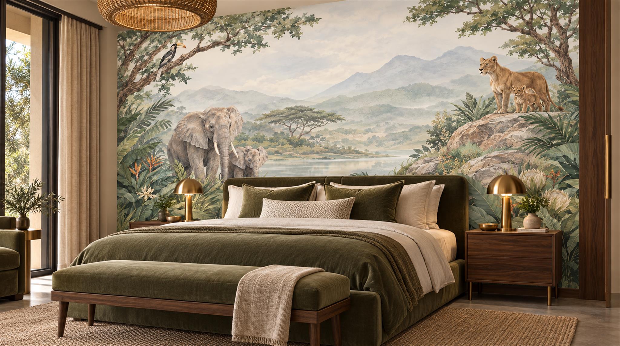 Sage Green Safari Animals Wallpaper Mural Scene