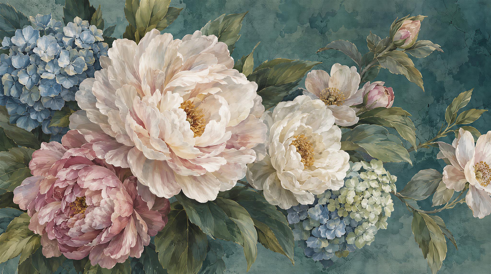 Teal Peony Flowers Wallpaper Mural Main