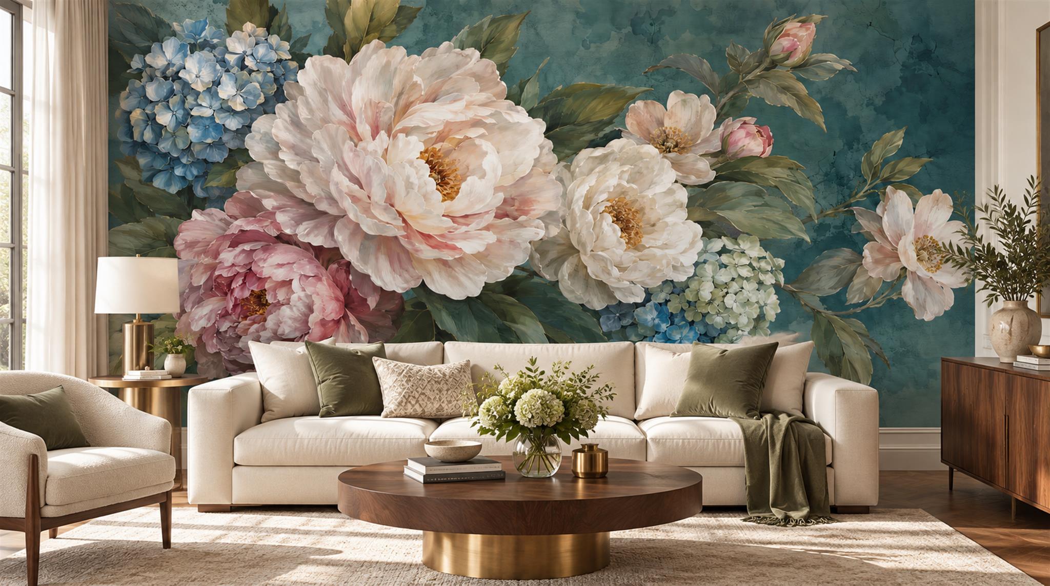 Teal Peony Flowers Wallpaper Mural Main