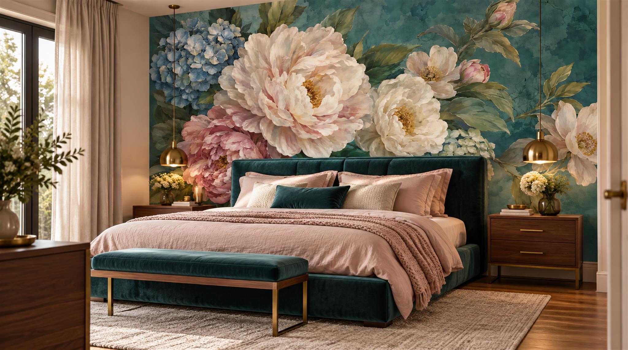 Teal Peony Flowers Wallpaper Mural Scene