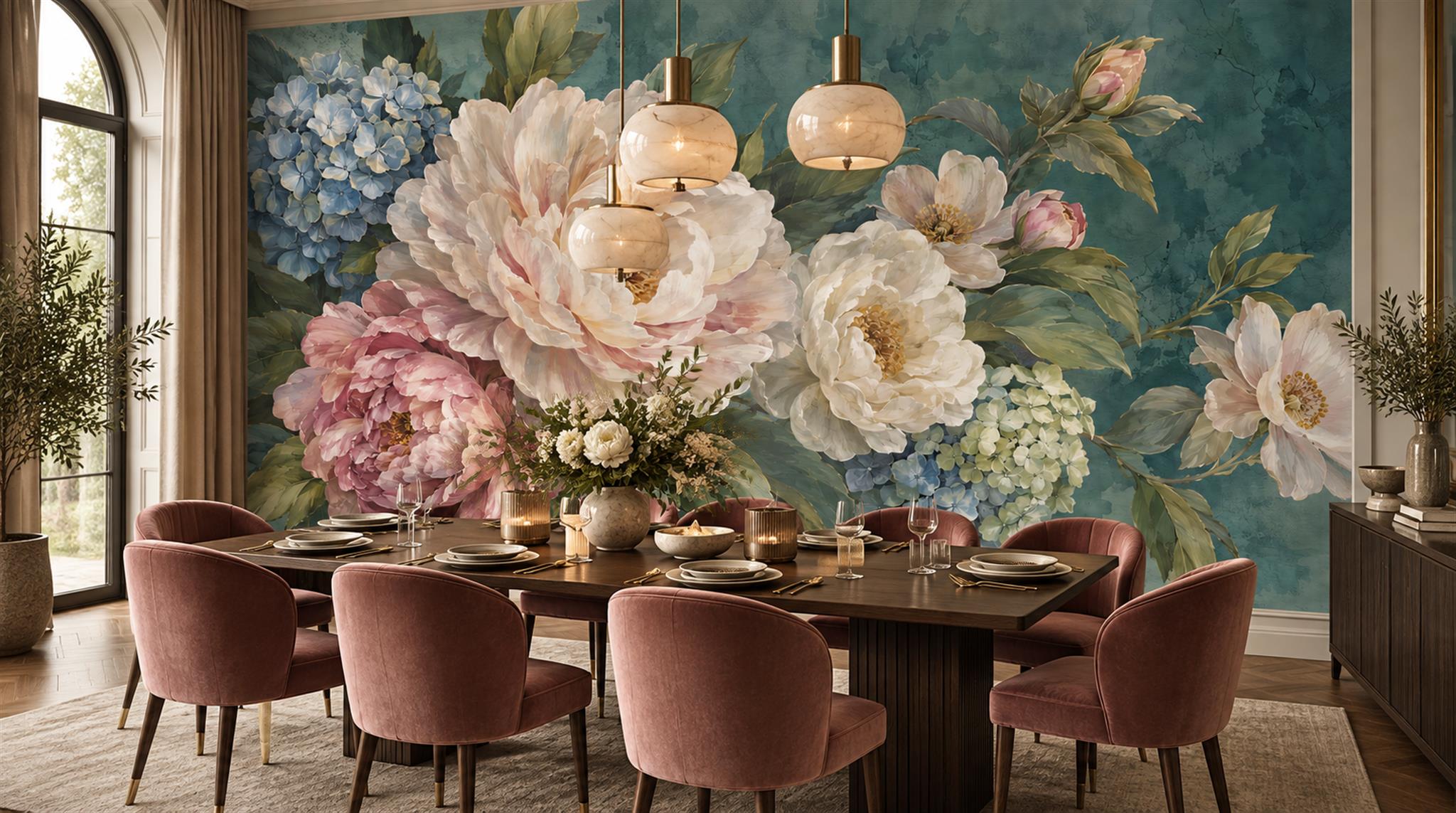 Teal Peony Flowers Wallpaper Mural Scene