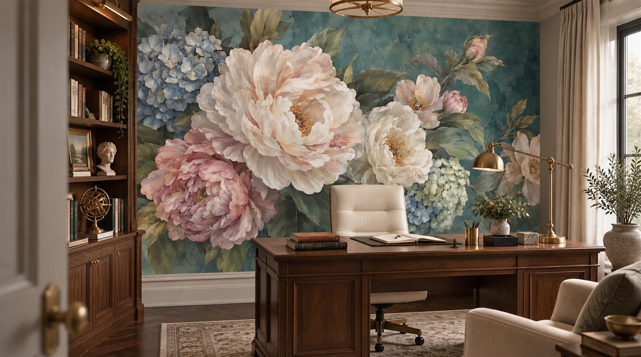 Teal Peony Flowers Wallpaper Mural Scene