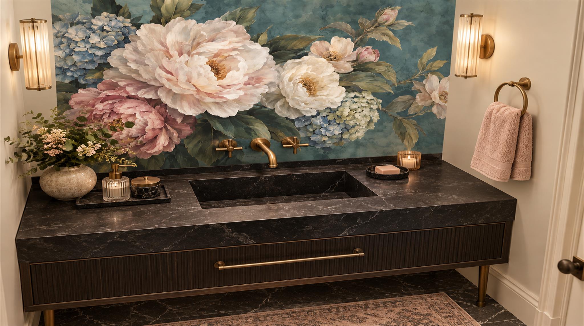 Teal Peony Flowers Wallpaper Mural Scene