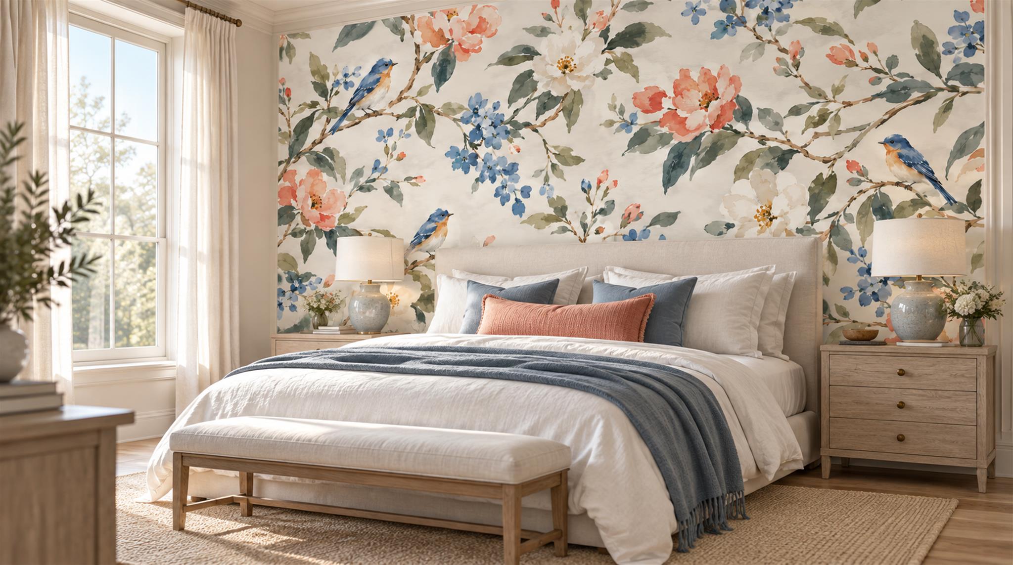 Ivory Floral Foliage Wallpaper Mural Scene