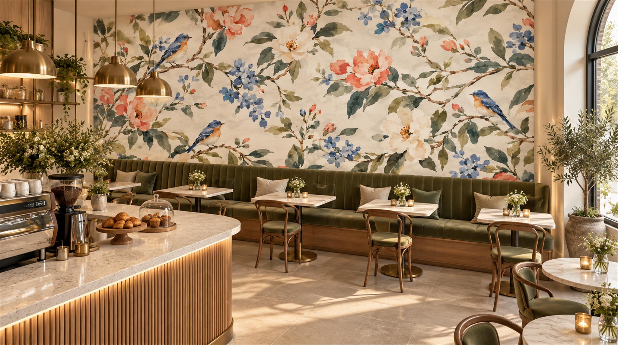 Ivory Floral Foliage Wallpaper Mural Scene