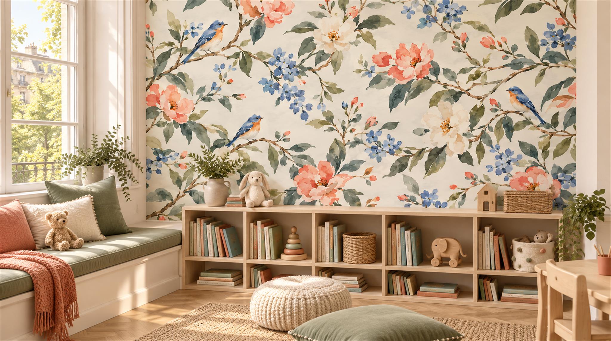 Ivory Floral Foliage Wallpaper Mural Scene