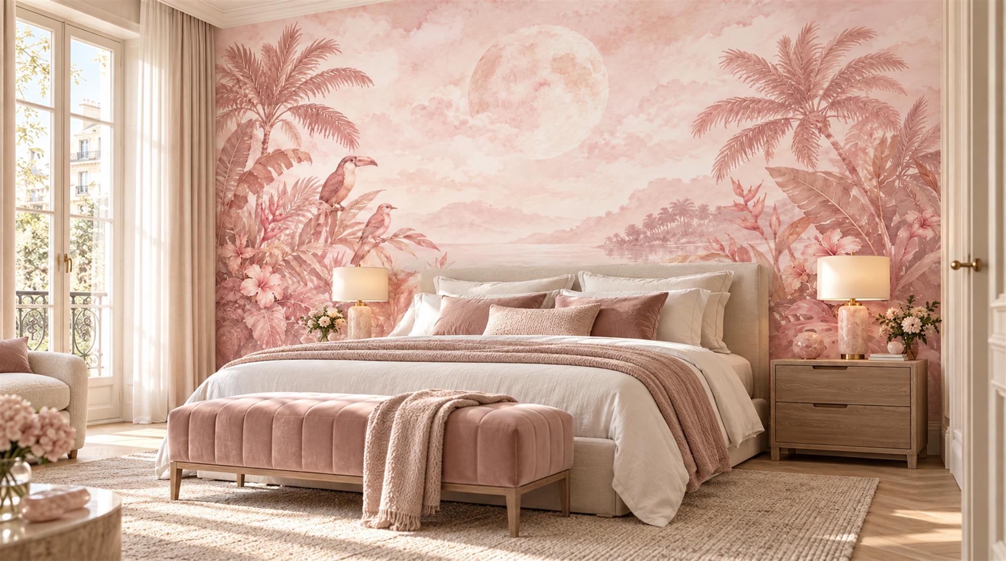Pink Palm Leaves Wallpaper Mural Main