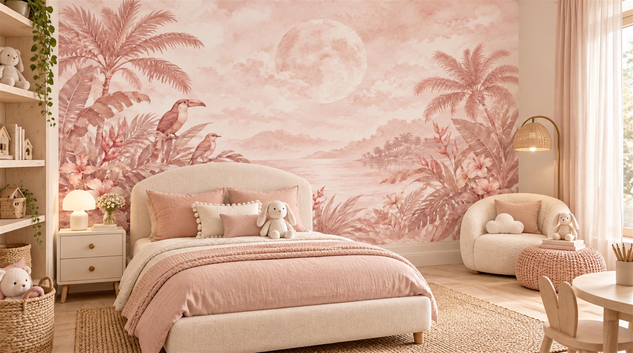 Pink Palm Leaves Wallpaper Mural Scene